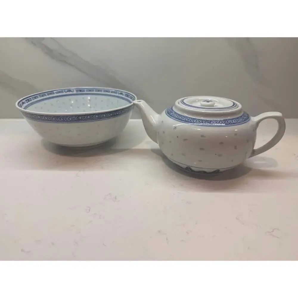 Vintage Chinese Rice Grain Blue and White Set - Teapot With Lid & Serving Bowl